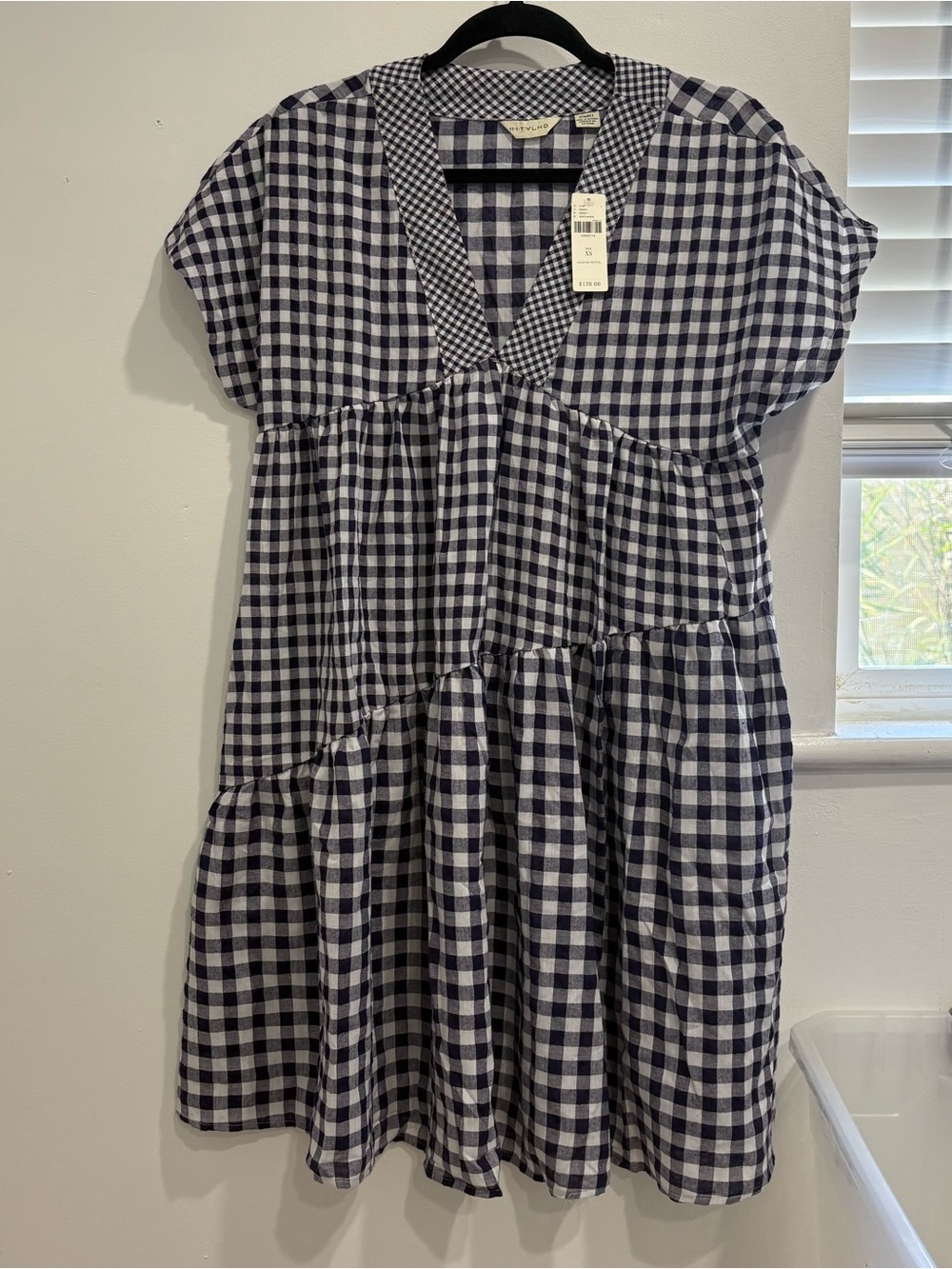 NWT 11-1-TYLHO Anthropologie $138 Navy Blue Gingham Swing Mini Dress